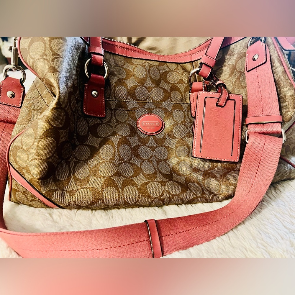 Coach Brown and Pink Rose Leather Signature Duffel/Travel/Baby Bag with Straps